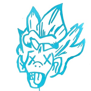May include: A blue graphic illustration of a cartoon monster with a tongue sticking out and X's for eyes.