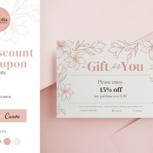 Plantilla de cupón de regalo rosa rubor, vale editable floral, modelo de tarjeta de regalo original, descarga digital instantánea, colección Magnolia