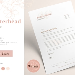 Plantilla Canva de membrete profesional rosa rubor, modelo de papelería floral editable, papel de escritura botánico, hoja limpia elegante imprimible