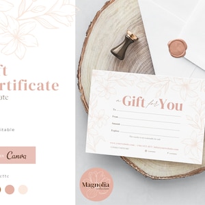 Plantilla de certificado de regalo rosa rubor, vale editable floral, modelo de tarjeta de regalo original, descarga digital instantánea, colección Magnolia