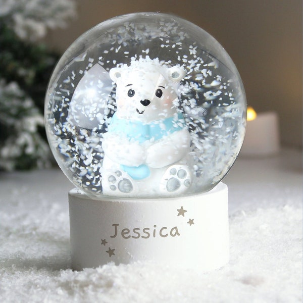Boule à neige personnalisée | Cadeau de Noël pour enfants | Ours polaire blanc et bleu