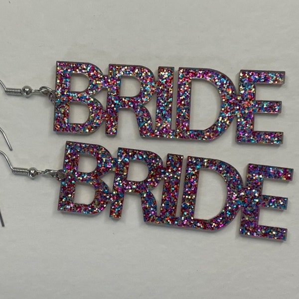 Bride Earrings for Hen Party, Bachelorette or Wedding | Bright Glitter Finish | Large Dangly Word Drop | Fun and Cute Bridal Gift