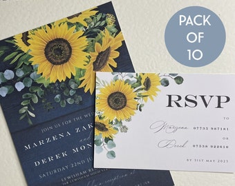 Sunflower Wedding Invitations x 10 Personalised & Handmade to Order | Dark Blue Navy and Yellow | RSVP Invite Bundle - MIRASOL by Inkterest