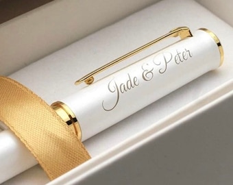 Personalised Wedding Pen | White & Gold | Wedding Guest Book or Register Signing Rollerball Pen | Gift for Couple with Names