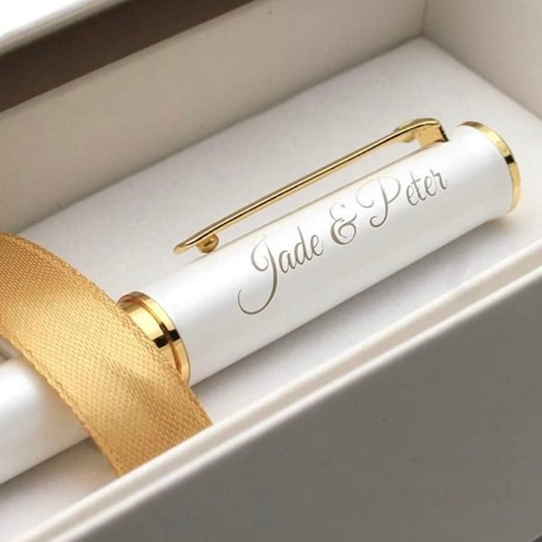 Personalised Wedding Pen | White & Gold | Wedding Guest Book or Register Signing Rollerball Pen | Gift for Couple with Names