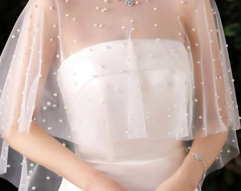 Minimalist White Tulle Pearl Scattered Bridal Bolero Modesty Capelet