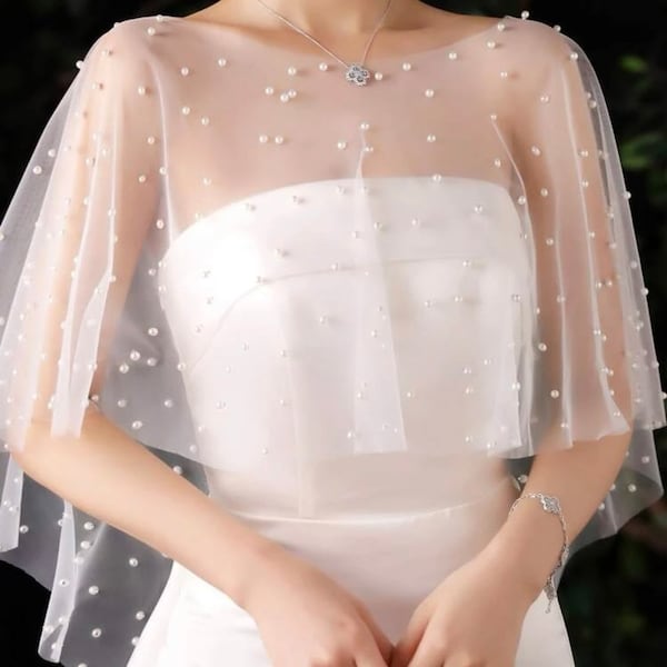 Cape de mariée en tulle transparent et parsemée de perles | Boléro couvrant de mariage | Écharpe de mariée ou alternative au châle | Organza fait main