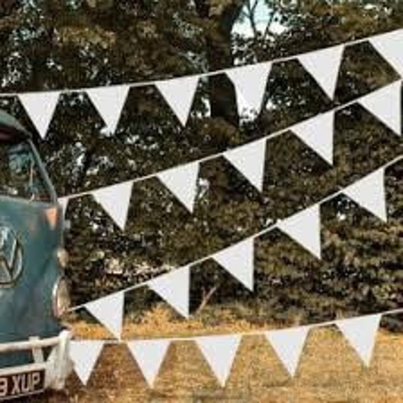May include: White triangular bunting flags strung across a grassy area, with a vintage teal van in the background. The flags are arranged in multiple rows, creating a festive and decorative display. The scene is outdoors, with trees and foliage visible.
