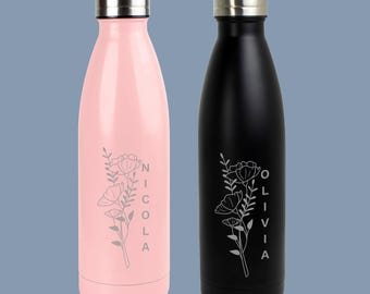 Personalised Metal Water Bottle | Pink or Black Floral | Insulated Double Walled 500ml