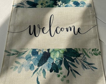 Wedding Welcome Sign Double Sided Fabric Flag Banner Eucalyptus & Sunflowers - Waterproof and safe for outdoors