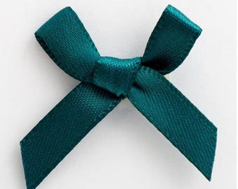 Mini Dark Teal Green Satin Bows | Pack of 10 | Pre-Tied 3cm Wide | Self Adhesive Foam Pads Included