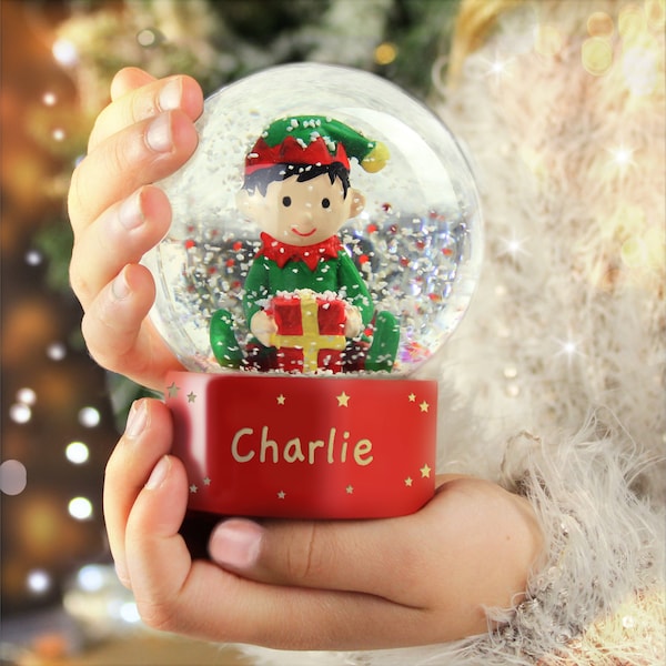Personalised Snow Globe | Kids Christmas Gift | Red & Green Elf | Any Name and Message