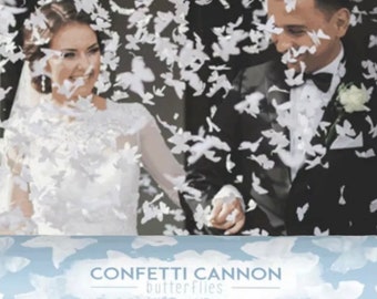 Hochzeit Konfetti Kanone Weiß Biologisch abbaubar Papier Schmetterlinge Konfetti Shooter in Dusty Blue Cannon - Drei Größen erhältlich