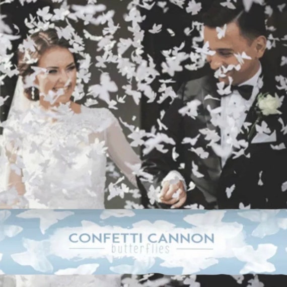 Cañón de confeti de boda, tirador de confeti de mariposas de papel  biodegradable blanco en cañón azul polvoriento, tres tamaños disponibles -   España