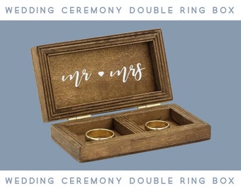 Rustic Wooden Double Wedding Ring Ceremony Ring Bearer Box Two Ring Compartments