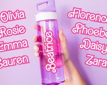 Personalised Name Stickers For Water Bottles Children&#39;s Kids Vinyl Decals White with Pink or Purple Girly Princess Movie Style Waterproof