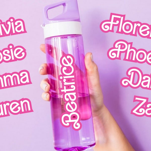 Personalised Name Stickers For Water Bottles Children's Kids Vinyl Decals White with Pink or Purple Girly Princess Movie Style Waterproof