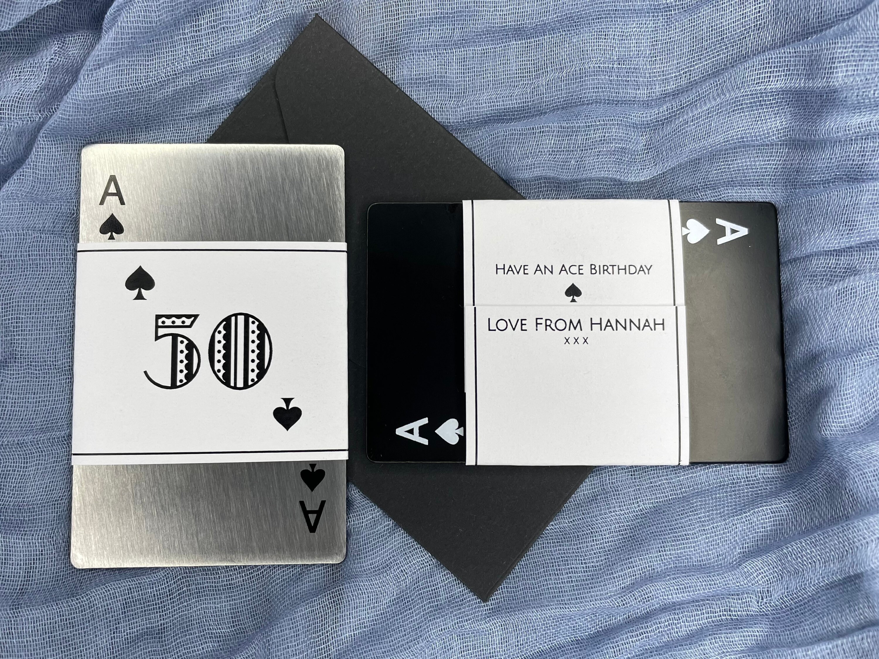 50th Birthday Gift Solid Steel Ace of Spades Playing Card Bottle Opener with Personalised Sleeve