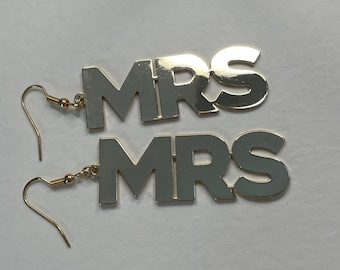 Gold Wedding Earrings Bridal Accessory with MRS Slogan in Statement Drop | New Bride, Honeymoon or Anniversary Gift Idea