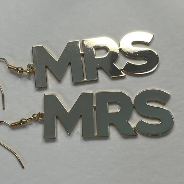 Gold Wedding Earrings Bridal Accessory with MRS Slogan in Statement Drop | New Bride, Honeymoon or Anniversary Gift Idea