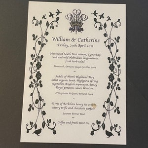 Carte de menu de mariage du prince William et de Catherine Middleton, palais de Buckingham, 29 avril 2011 – Réimpression de souvenirs royaux