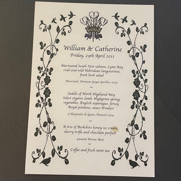 Prince William & Catherine Middleton Wedding Menu Card, Buckingham Palace, 29th Apr 2011 - Royal Memorabilia Reprint