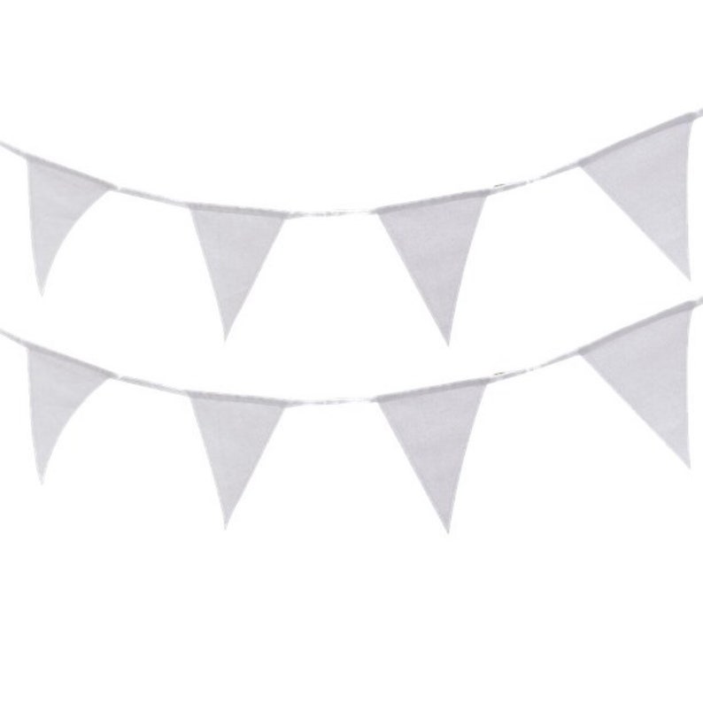 May include: Two strands of white pennant flags against a white background. Each strand has several triangular flags, creating a festive and decorative look. Ideal for parties, celebrations, or room decor.