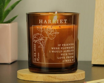 Personalised Birth Flower Large Candle Gift Engraved with Message - Warm Vanilla Scented - Amber Glass - 150g 30 Hour Burn Time - Gift Box