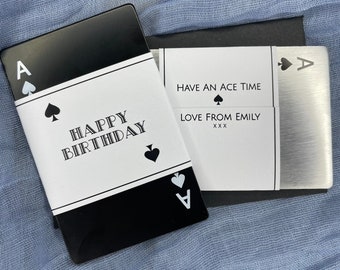 Happy Birthday Personalised Gift - Solid Steel Ace of Spades Playing Card Bottle Opener with Custom Sleeve