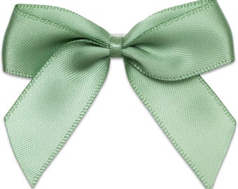 Small Sage Green Satin Bows | Pack of 3/6/12/24 | Pre-Tied 5cm Wide | Self Adhesive Strip Included