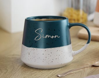 Personalised Modern Mug Black and White Ceramic Dipped Glaze with Any Name, Words or Phrase up to 12 Characters