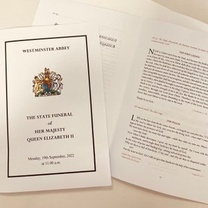 Queen Elizabeth II The Official Order of Service for The State Funeral of HM Queen Elizabeth II - Royal Memorabilia Reprint & Gift Card