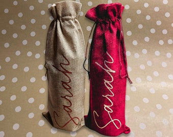 Personalised Wine Bottle Bags in Red or Natural Hessian and Any Name or Words in Red or Gold Glitter