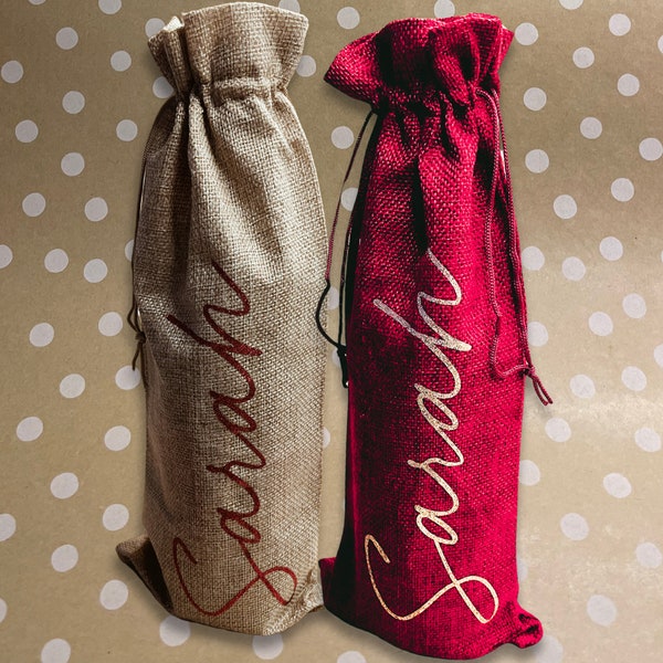 Personalised Wine Bottle Bags in Red or Natural Hessian and Any Name or Words in Red or Gold Glitter