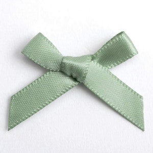 Mini Sage Green Satin Bows | Pack of 10 | Pre-Tied 3cm Wide | Self Adhesive Foam Pads Included