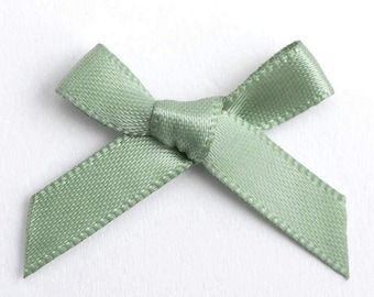 Mini Sage Green Satin Bows | Pack of 10 | Pre-Tied 3cm Wide | Self Adhesive Foam Pads Included