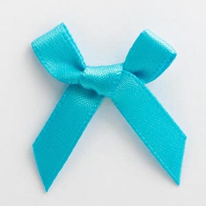 Peut inclure: Un petit nœud en satin turquoise. Le nœud est noué au centre et comporte deux boucles et deux queues pointant vers le bas. Le nœud est probablement utilisé pour l'emballage de cadeaux, l'artisanat ou les décorations.