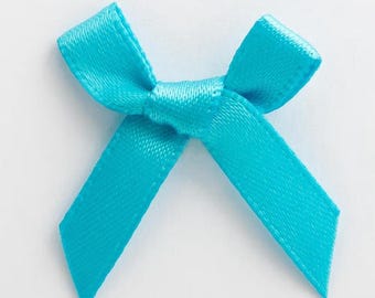 Mini Turquoise Blue Satin Bows | Pack of 10 | Pre-Tied 3cm Wide | Self Adhesive Foam Pads Included