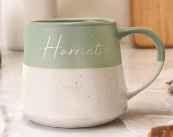 Personalised Modern Mug Ceramic Sage Green Dipped Glaze with Any Name, Words or Phrase up to 12 Characters