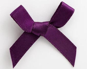 Mini Aubergine Purple Satin Bows | Pack of 10 | Pre-Tied 3cm Wide | Self Adhesive Foam Pads Included