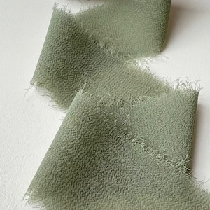 Sage Green Wedding Ribbon Eucalyptus Raw Frayed Edge Hand Torn Silk Crepe Chiffon 4cm Wide Ribbon