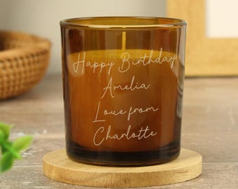 Personalised Large Candle Gift Engraved with Any Message - Warm Vanilla Scented - Amber Glass - 150g 30 Hour Burn Time - Gift Boxed