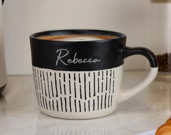 Personalised Modern Mug Black and White Ceramic Dipped Glaze with Any Name, Words or Phrase up to 12 Characters