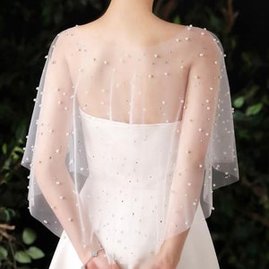 Bridal Cape Style Bolero | Minimalist Style with Scattered Pearls & Diamantes | Handmade with Tulle Chiffon