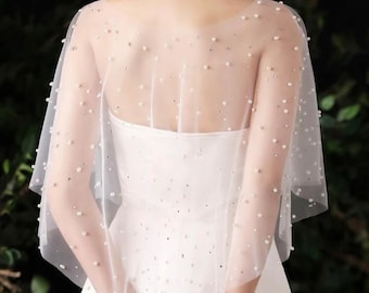 Bridal Cape Style Bolero | Minimalist Style with Scattered Pearls & Diamantes | Handmade with Tulle Chiffon