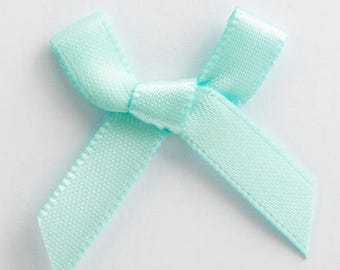 Mini Duck Egg Blue Satin Bows | Pack of 10 | Pre-Tied 3cm Wide | Self Adhesive Foam Pads Included