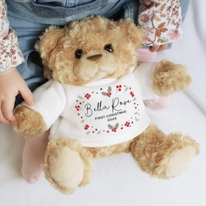 Oso de peluche navideño grande personalizado / Jersey de punto con cualquier nombre y mensaje / 1ª Navidad del bebé / Regalo para niños