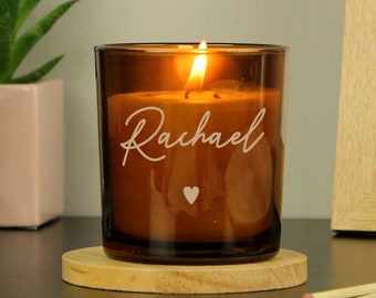 Personalised Large Candle Gift Engraved with Name, Word or Message - Warm Vanilla Scented - Amber Glass - 150g 30 Hour Burn Time - Gift Box