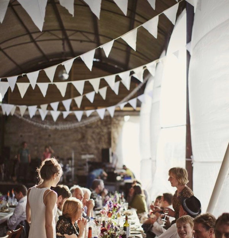 May include: A wedding reception scene with long tables set for guests. White pennant banners hang from the ceiling. Tables are decorated with floral arrangements. People are seated and standing, some are talking and some are eating.