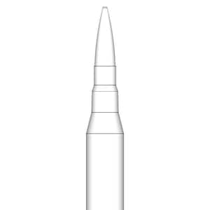 May include: A black and white line drawing of a bullet.